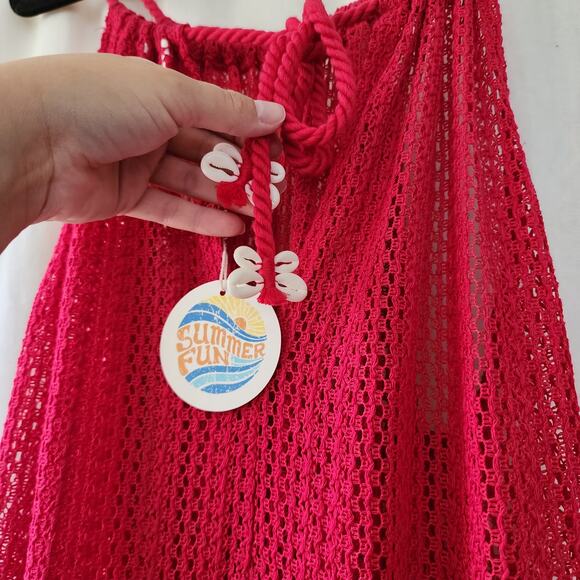 C&C California Cover-Up crochet Mini Dress Swimwear Size M NWT red pockets sheer - Picture 4 of 12